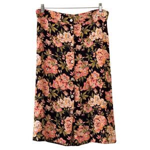 LOFT Pink and Black Floral Front Button Down A-Line Midi Skirt Size Large